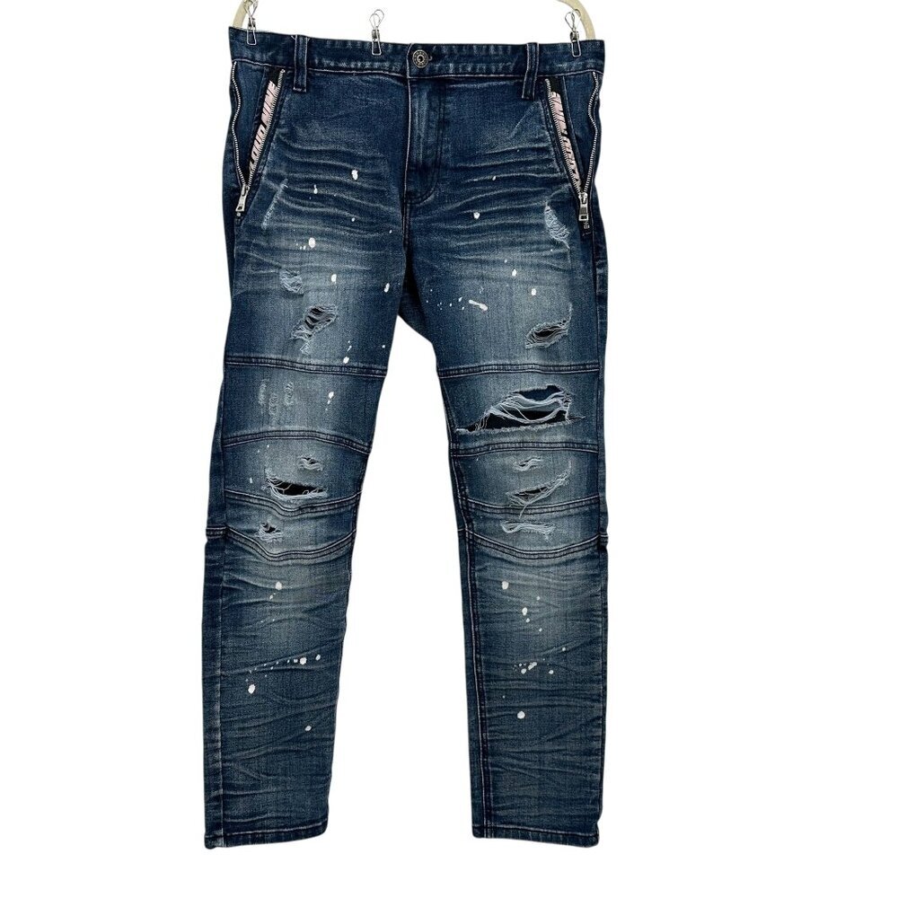 Kloud 9 Mens 34/30 Jeans Slim Paint Splatter Side Pocket Zippers Rip Distressed